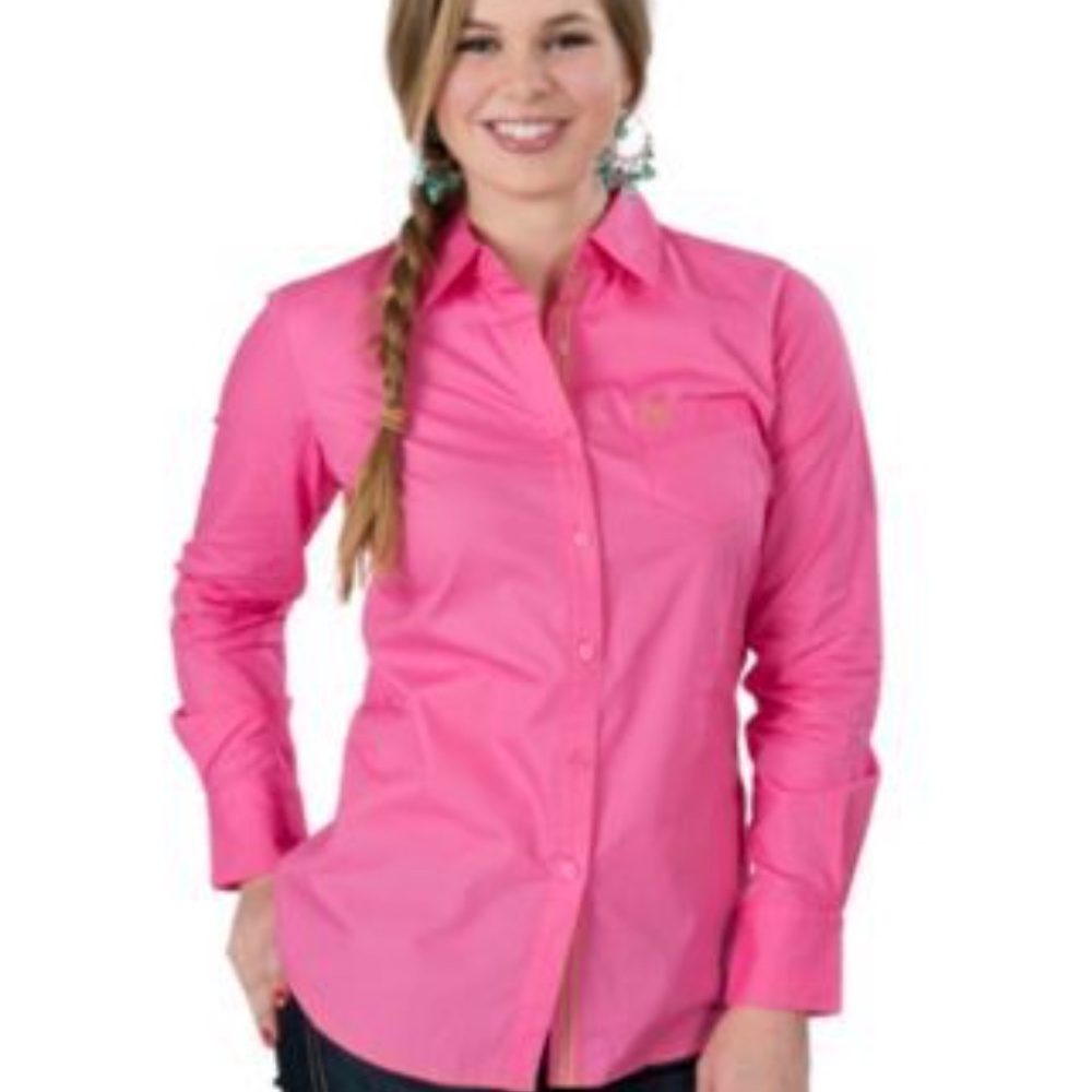 EUC Ariat hot pink kirby button down with green